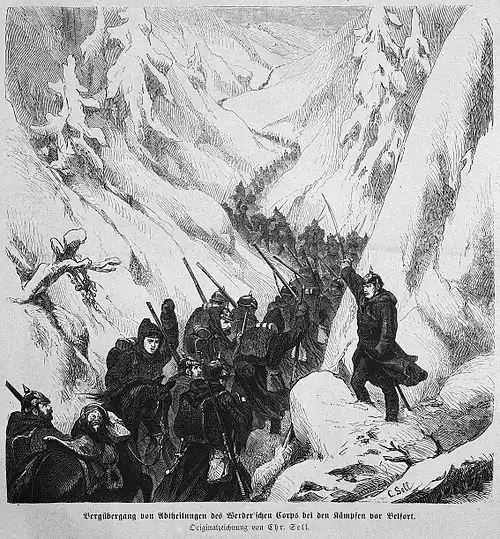 Die Gartenlaube (1871) b 304.jpg Bergübergang von Abtheilungen des Werder’schen Corps bei den Kämpfen vor Belfort