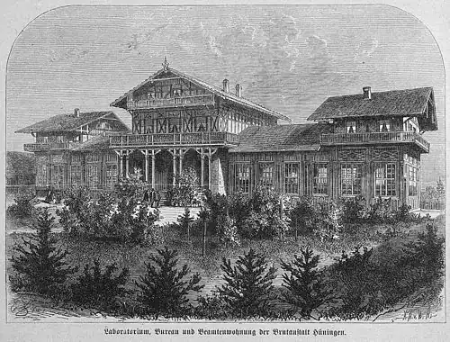 Die Gartenlaube (1871) b 588.jpg Laboratorium, Bureau und Beamtenwohnung der Brutanstalt Hüningen