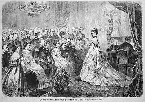 Die Gartenlaube (1872) b 081.jpg In einer musikalisch-dramatischen Soirée des Kaisers. Auf Holz gezeichnet von O.&nbsp;Rechlin.