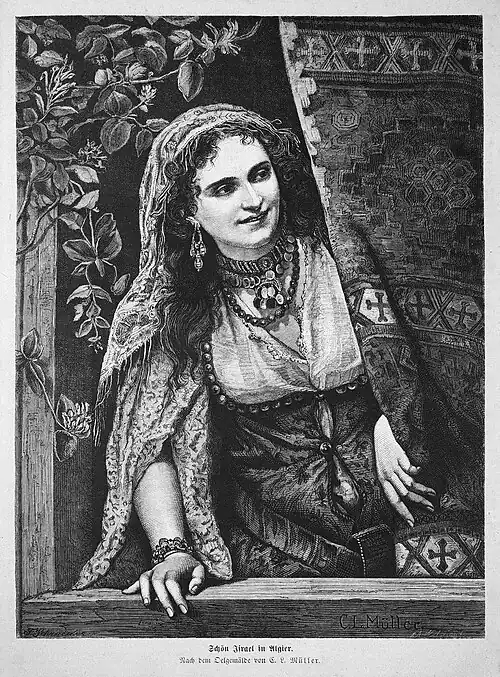 Die Gartenlaube (1872) b 129.jpg Schön Israel in Algier. Nach dem Oelgemälde von C. L. Müller.