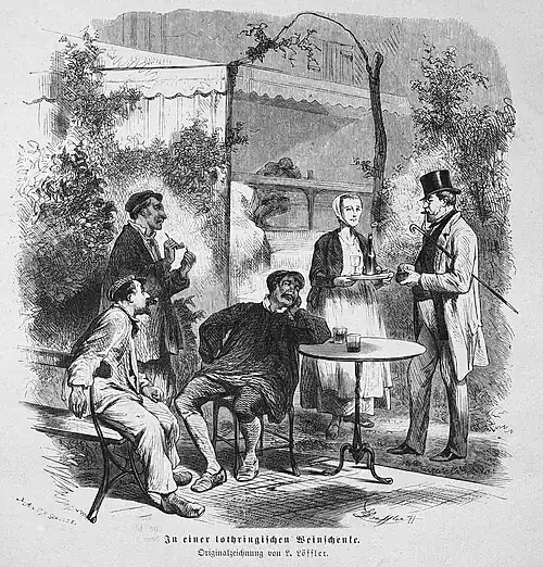 Die Gartenlaube (1872) b 173.jpg In einer lothringischen Weinschenke. Originalzeichnung von L. Löffler.