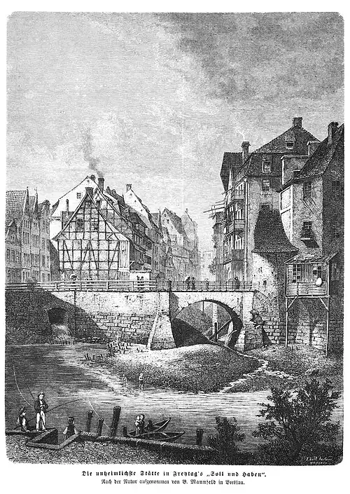Die Gartenlaube (1872) b 289.jpg Die unheimlichste Stätte in Freytag’s „Soll und Haben“. Nach der Natur aufgenommen von B. Mannfeld in Breslau.