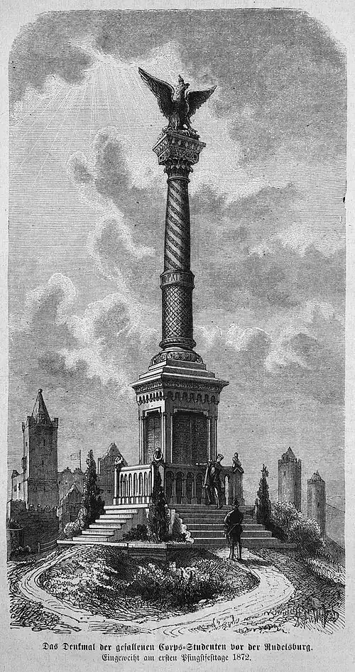 Die Gartenlaube (1872) b 328.jpg Das Denkmal der gefallenen Corps-Studenten vor der Rudelsburg. Eingeweiht am ersten Pfingstfesttage 1872.