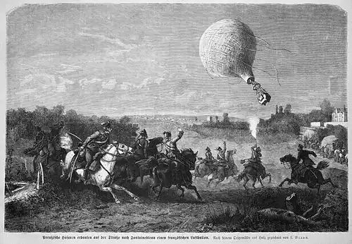 Die Gartenlaube (1872) b 387.jpg Preußische Husaren erbeuten auf der Straße nach Fontainebleau einen französischen Luftballon. Nach seinem Oelgemälde auf Holz gezeichnet von L.&nbsp;Braun.