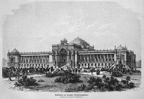 Die Gartenlaube (1872) b 475.jpg Hauptfaçade des deutschen Parlamentsgebäudes. Entwurf von Ludwig Bohnstedt.