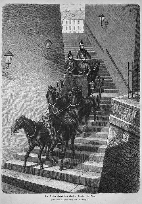 Die Gartenlaube (1872) b 491.jpg Die Treppenfahrt des Grafen Sandor in Ofen. Nach dem Originalbilde von G. Prestel.