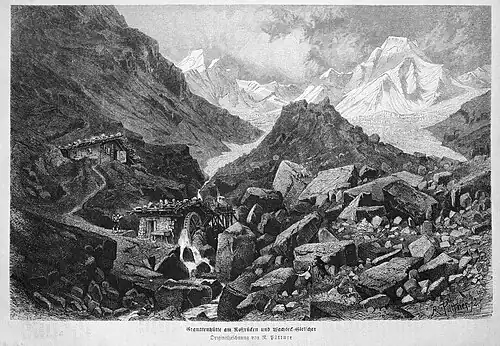 Die Gartenlaube (1872) b 507.jpg Granatenhütte am Roßrücken und Wachseck-Gletscher. Originalzeichnung von R. Püttner.