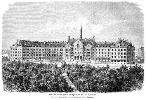 Die Gartenlaube (1872) b 526.jpg Das neue Johannisstift in Leipzig von der Hof- und Gartenseite. Nach einer Photographie auf Holz übertragen von H.&nbsp;Heubner.