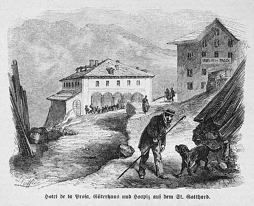 Die Gartenlaube (1872) b 559.jpg Hotel de la Prosa, Güterhaus und Hospiz auf dem St. Gotthard.
