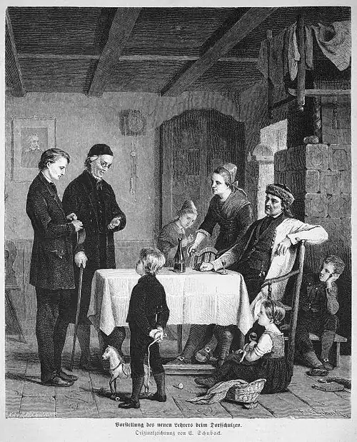 Die Gartenlaube (1872) b 583.jpg Vorstellung des neuen Lehrers beim Dorfschulzen. Originalzeichnung von E. Schuback.
