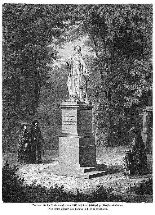 Die Gartenlaube (1872) b 609.jpg Denkmal für die Volkskämpfer von 1849 auf dem Friedhof zu Kirchheimbolanden. Nach einem Entwurf von Professor Schieß in Wiesbaden.