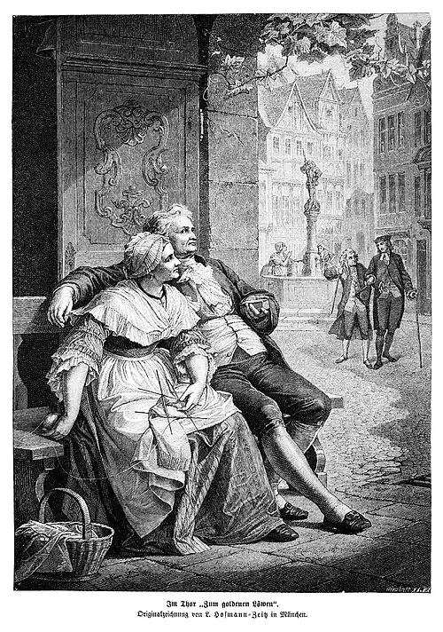 Die Gartenlaube (1872) b 826.jpg Im Thor „Zum goldenen Löwen“. Originalzeichnung von L. Hofmann-Zeitz in München.