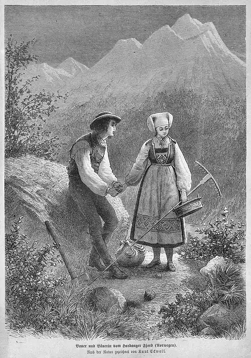 Die Gartenlaube (1873) b 151.jpg Bauer und Bäuerin vom Hardanger Fjord (Norwegen). Nach der Natur gezeichnet von Knut Eckwall (S)