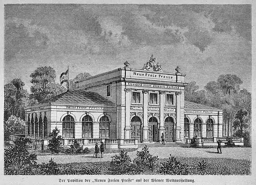 Die Gartenlaube (1873) b 215.jpg Der Pavillon der „Neuen Freien Presse“ auf der Wiener Weltausstellung