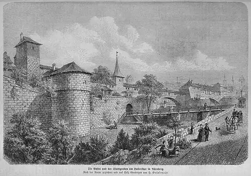 Die Gartenlaube (1873) b 281.jpg Die Bastei und der Stadtgraben am Hallerthor in Nürnberg. Nach der Natur gezeichnet und auf Holz übertragen von H. Grünewald (S)