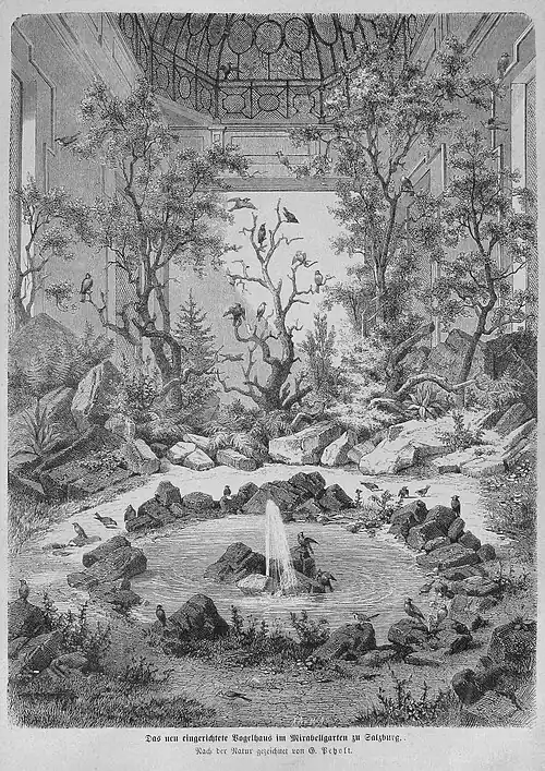 Die Gartenlaube (1873) b 329.jpg Das neu eingerichtete Vogelhaus im Mirabellgarten zu Salzburg. Nach der Natur gezeichnet von G. Petzolt (S)