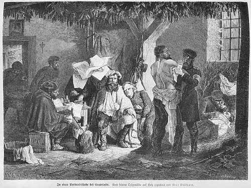 Die Gartenlaube (1873) b 371.jpg In einer Verbandsstube bei Gravelotte. Nach seinem Oelgemälde auf Holz gezeichnet von Max Volkart (S)