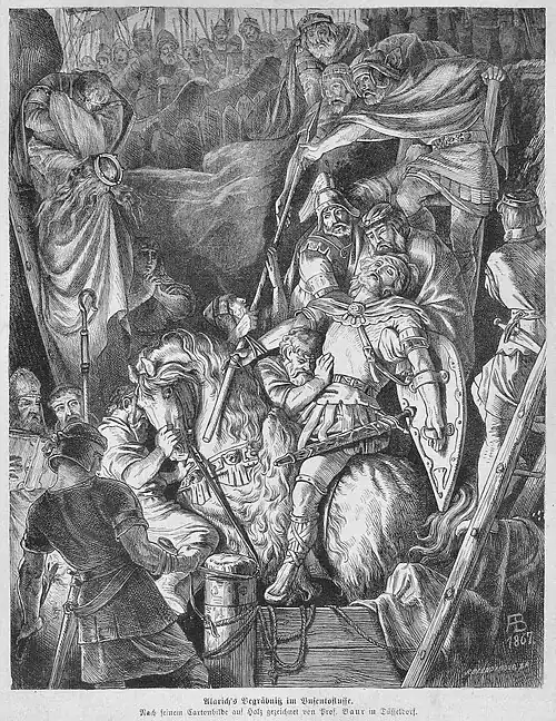 Die Gartenlaube (1873) b 387.jpg Alarich’s Begräbniß im Busentoflusse. Nach seinem Cartonbilde auf Holz gezeichnet von Prof. Baur in Düsseldorf (S)