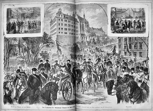Die Gartenlaube (1873) b 442.jpg Das Trachtenfest der Altenburger Bauern im April 1873. Nach dem Leben entworfen und auf Holz gezeichnet von G. Sundblad (D)