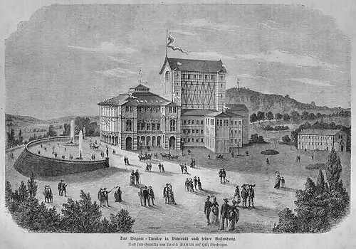 Die Gartenlaube (1873) b 515.jpg Das Wagner-Theater in Bayreuth nach seiner Vollendung. Nach dem Gemälde von Louis Santer auf Holz übertragen (S)