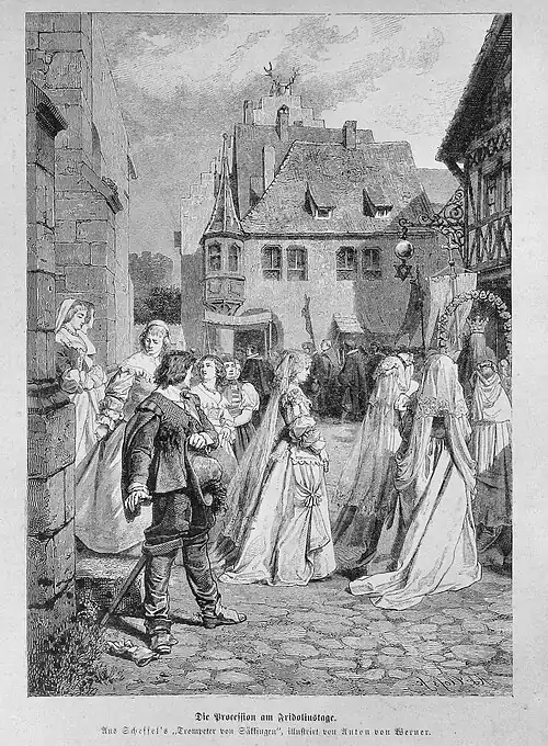 Die Gartenlaube (1873) b 759.jpg Die Procession am Fridolinstage. Aus Scheffel’s „Trompeter von Säkkingen“, illustrirt von Anton von Werner.