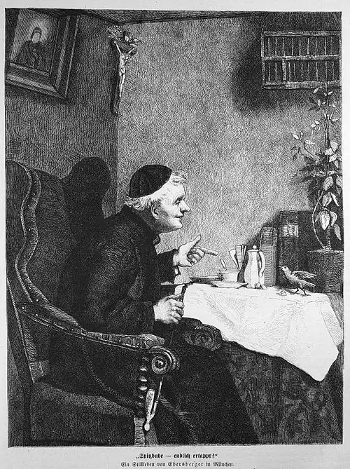 Die Gartenlaube (1874) b 017.jpg „Spitzbube – endlich ertappt?“ Ein Stillleben von Ebersberger in München.