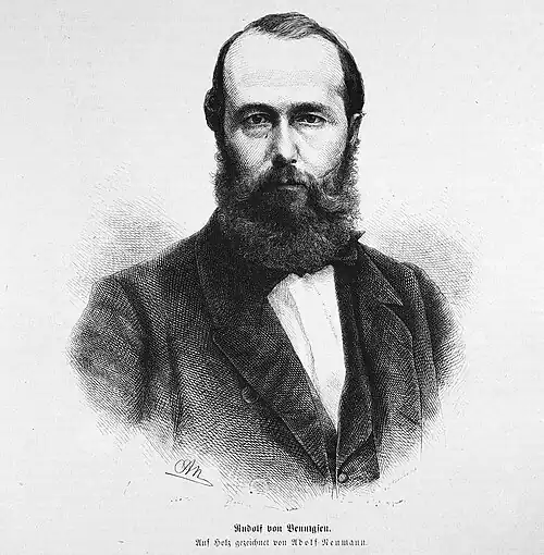 Die Gartenlaube (1874) b 093.jpg Rudolf von Bennigsen. Auf Holz gezeichnet von Adolf Neumann.