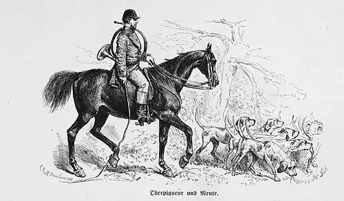Die Gartenlaube (1874) b 131.jpg Oberpiqueur und Meute. (Hermann Lüders)