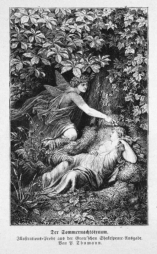 Die Gartenlaube (1874) b 199.jpg Der Sommernachtstraum. Illustrations-Probe aus der Grote’schen Shakespeare-Ausgabe. Von P. Thumann.