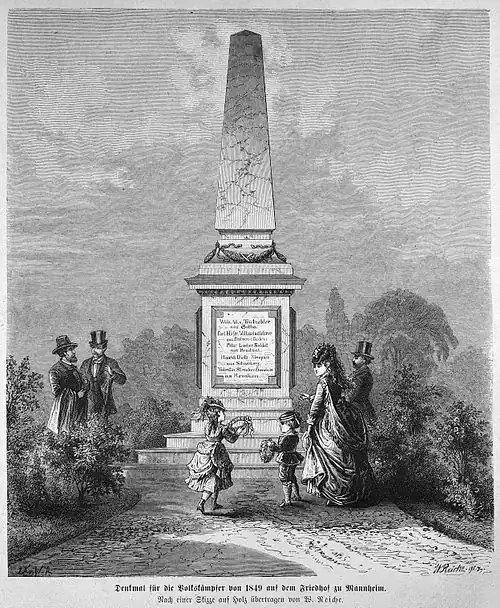 Die Gartenlaube (1874) b 359.jpg Denkmal für die Volkskämpfer von 1849 auf dem Friedhof zu Mannheim. Nach einer Skizze auf Holz übertragen von W. Reiche.