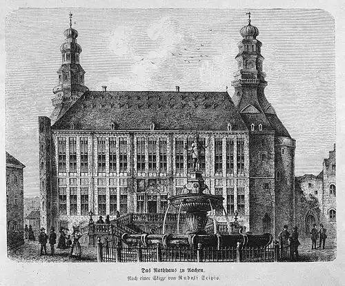 Die Gartenlaube (1874) b 391.jpg Das Rathhaus zu Aachen. Nach einer Skizze von Rudolf Scipio.