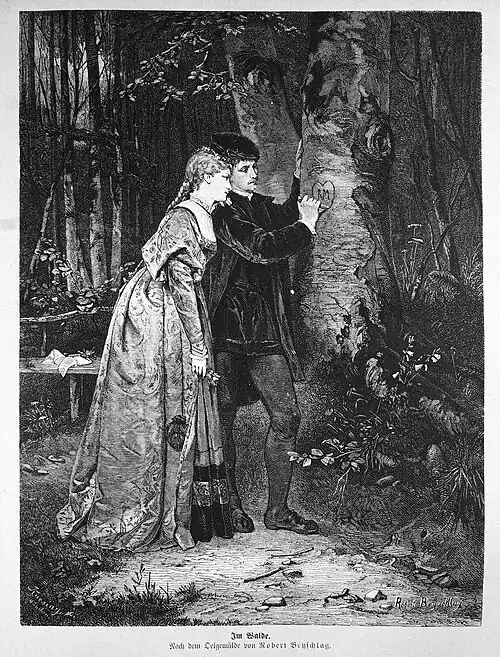 Die Gartenlaube (1874) b 439.jpg Im Walde. Nach dem Oelgemälde von Robert Beyschlag.