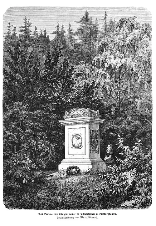 Die Gartenlaube (1874) b 511.jpg Das Denkmal der Königin Louise im Schloßgarten zu Hildburghausen. Originalzeichnung von Plato Ahrens.