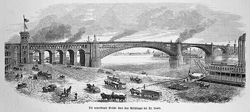 Die Gartenlaube (1874) b 583.jpg Die neuerbaute Brücke über den Mississippi bei St. Louis.