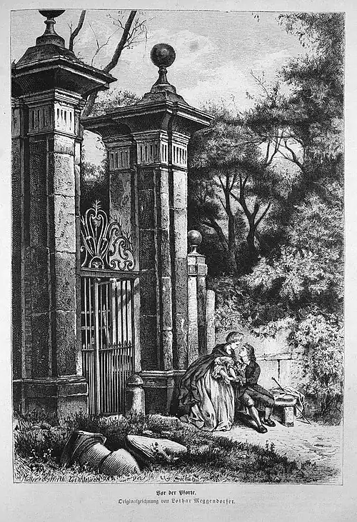Die Gartenlaube (1874) b 607.jpg Vor der Pforte. Originalzeichnung von Lothar Meggendorfer.
