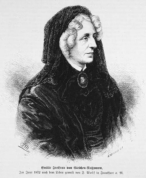 Die Gartenlaube (1874) b 691.jpg Emilie Freifrau von Gleichen-Rußwurm. Im Juni 1872 nach dem Leben gemalt von F. Wolf in Frankfurt a. M.