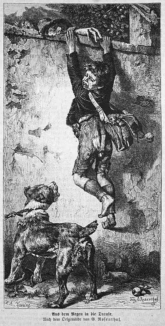 Die Gartenlaube (1874) b 707.jpg Aus dem Regen in die Traufe. Nach dem Oelgemälde von E.[WS 2] Rosenthal.