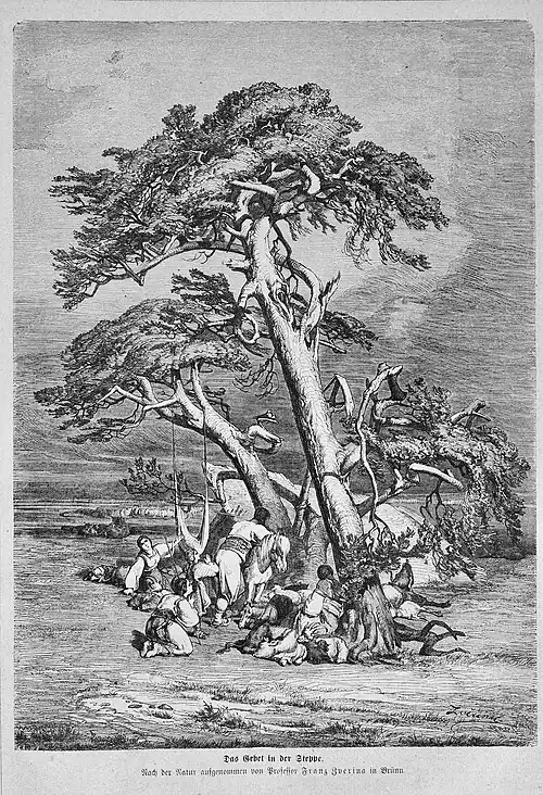 Die Gartenlaube (1875) b 129.jpg Das Gebet in der Steppe. Nach der Natur aufgenommen von Professor Franz Zverina in Brünn