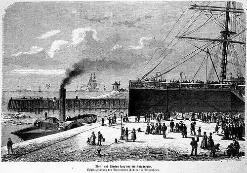 Die Gartenlaube (1876) b 053.jpg Mosel und Simson kurz vor der Katastrophe. Origimalzeichnung von Marinemaler Fedeler in Bremerhaven