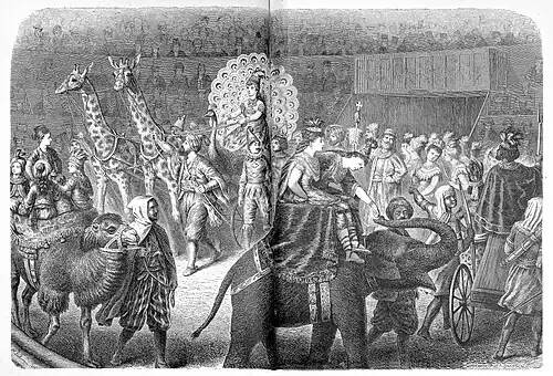 Die Gartenlaube (1876) b 338.jpg Der Umzug der Königin von Abyssinien im Circus Renz. Nach der Natur aufgenommen von H. Leutemann (D)