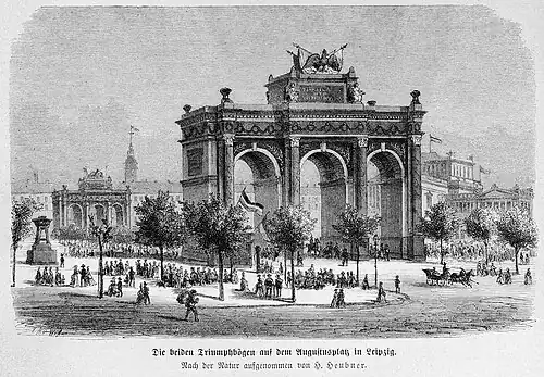 Die Gartenlaube (1876) b 635.jpg Die beiden Triumphbögen auf dem Augustusplatz in Leipzig
