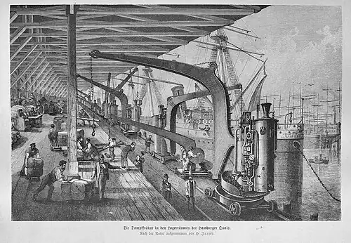 Die Gartenlaube (1877) b 061.jpg Die Dampfkrähne in den Lagerräumen der Hamburger Quais. Nach der Natur aufgenommen von H. Jenny