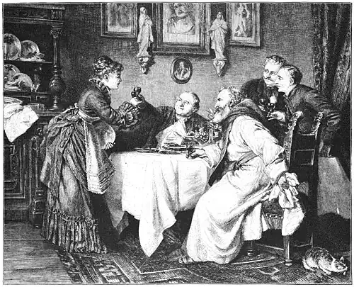 Die Gartenlaube (1877) b 145.jpg Bei Hochwürden zu Tische. Nach seinem Oelgemälde auf Holz gezeichnet von Ed. Grützner