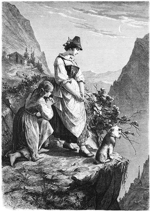 Die Gartenlaube (1877) b 161.jpg Ave Maria auf hoher Alm. Nach seinem Oelgemälde auf Holz gezeichnet von L. Hofmann-Zeitz