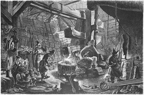 Die Gartenlaube (1877) b 269.jpg Das Innere eines alten thüringer Eisenhammers. Nach der Natur aufgenommen von Professor Thon in Weimar