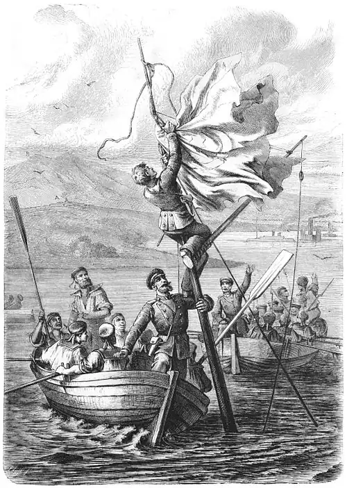 Die Gartenlaube (1877) b 389.jpg Abnahme der Flagge vom Mast des „Lutsi Dschelil“ durch russische Freiwillige in Sicht der türkischen Dampfer. An Ort und Stelle aufgenommen von Capitain N. Karasine in Braila