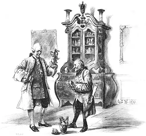 Die Gartenlaube (1877) b 519.jpg Beim Antiquitätenhändler. Nach der Werner’schen Federzeichnung...