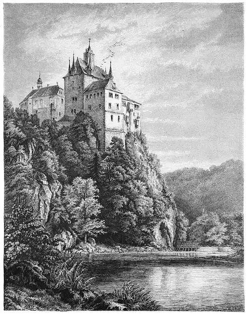 Die Gartenlaube (1877) b 535.jpg Schloß Kriebstein. Nach der Natur aufgenommen von Adolf Neumann