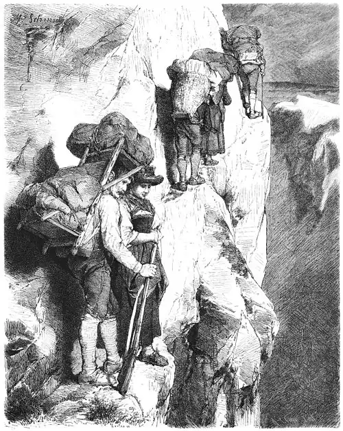 Die Gartenlaube (1877) b 729.jpg Schmuggler im bairischen Gebirge. Illustrationsprobe aus dem Kröner’schen Prachtwerke „Unser Vaterland“.