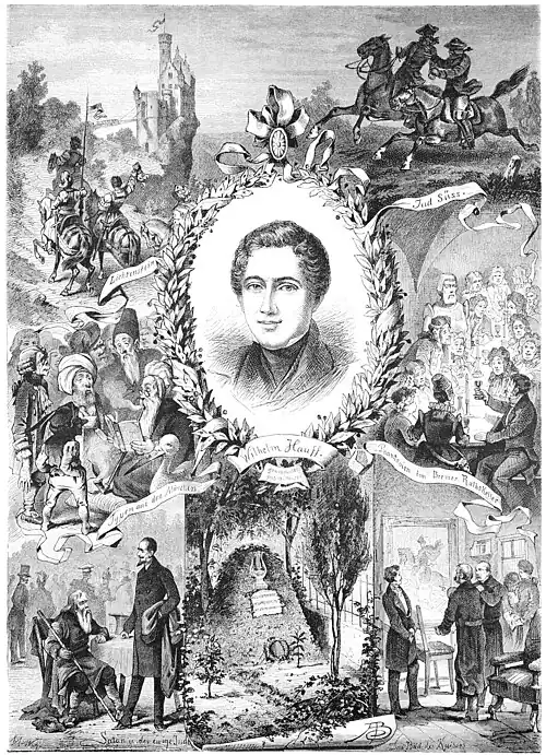 Die Gartenlaube (1877) b 773.jpg Wilhelm Hauff und seine Geisteskinder. Original-Composition von Arnold Baldinger in Stuttgart